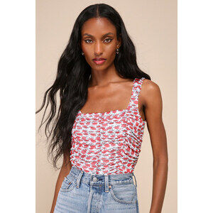 Lulus Far Too Cute White Floral Print Mesh Ruched Sleeveless Top - Size S